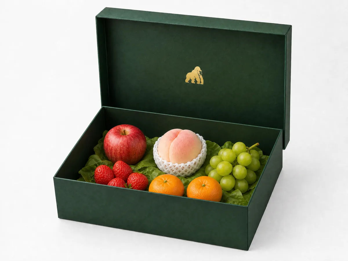 Green Gorilla Fruits Entry tier gift box with minimal seasonal fruit arrangement